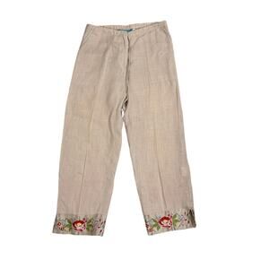 Johnny Was Wide Leg Boho Floral Embroidered Crop Linen Pants Size Small